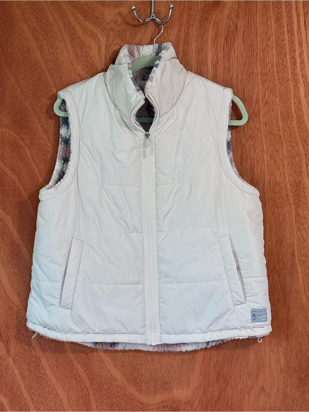 Free Country White Reversible Puffer Vest with Patterned Fleece Lining